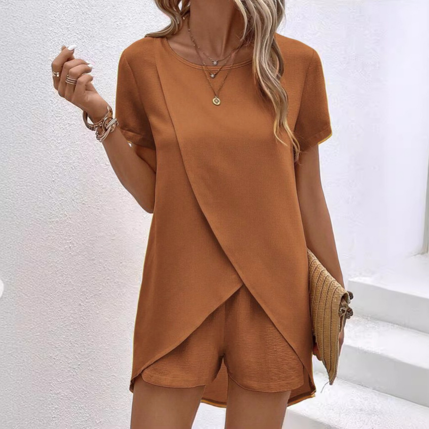 Freya – Short Sleeve Overlap Top & Shorts Set
