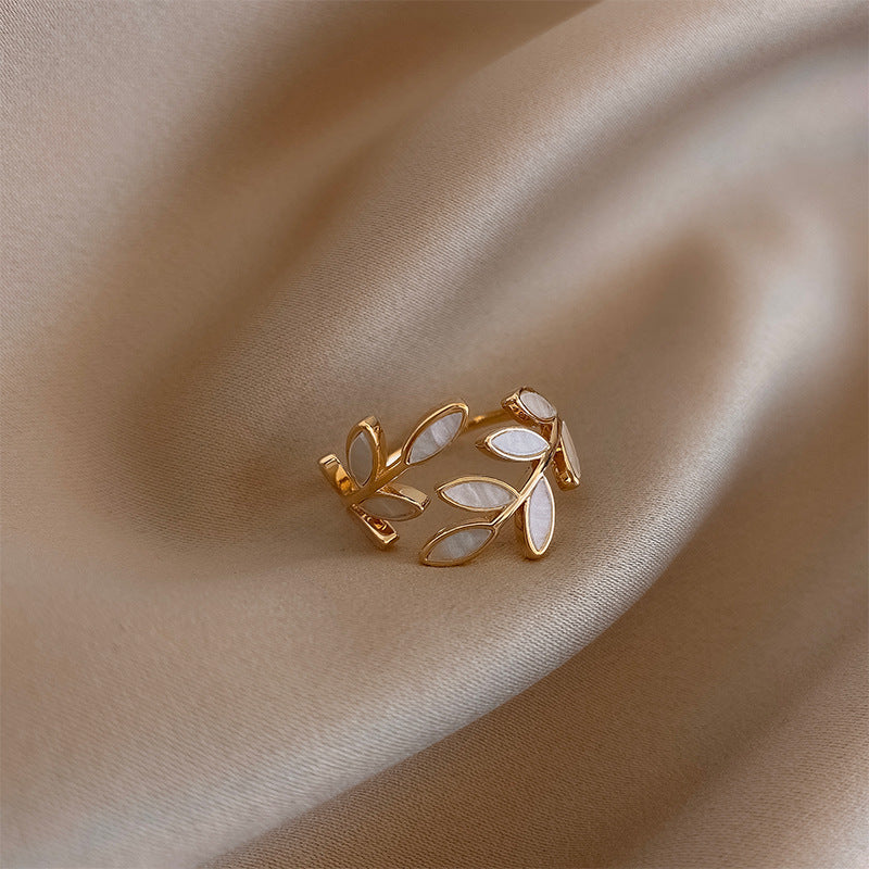 Flora – Adjustable Leaf Ring with White Opal Stone