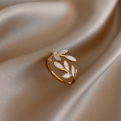 Flora – Adjustable Leaf Ring with White Opal Stone
