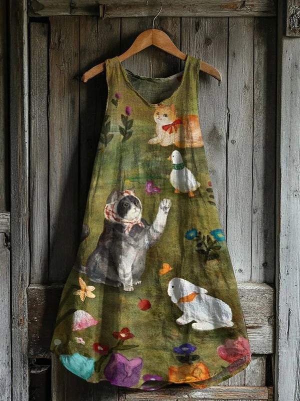 Emma – Sleeveless Cat And Countryside Scene Dress