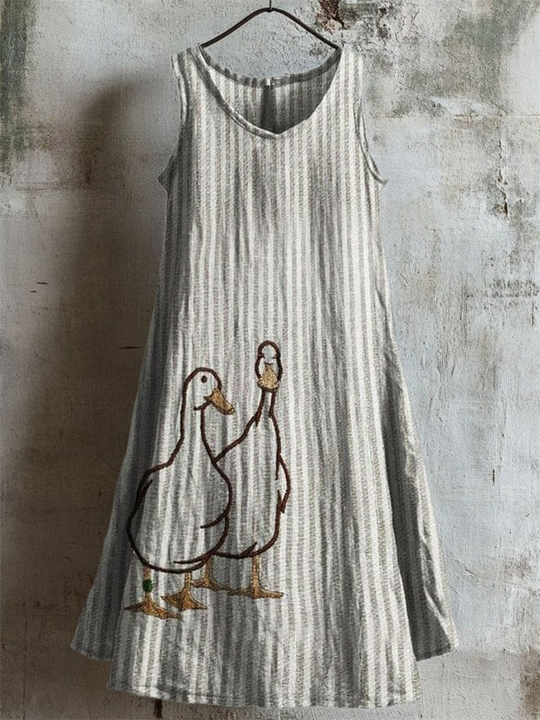 Irene – Striped Sleeveless Dress With Embroidered Ducks