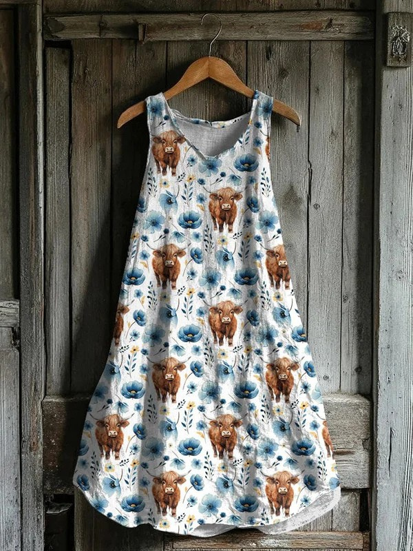 Nina – Sleeveless Cow And Floral Dress