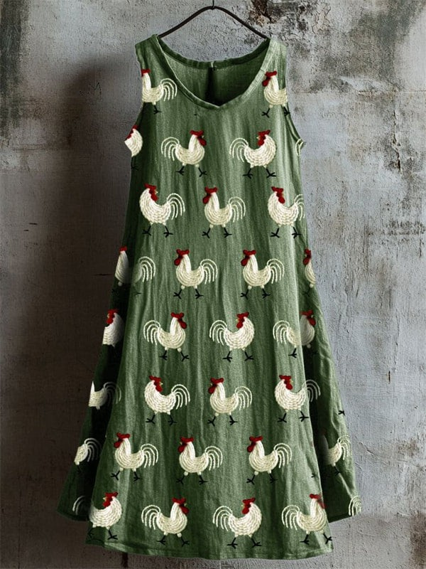 Lina – Sleeveless Embroidered Farm Rooster Dress