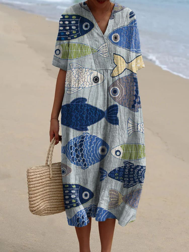 Coral – Artistic Fish Print Dress
